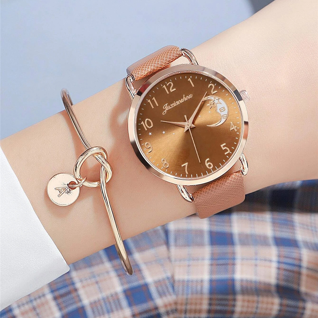 Women Watch Moon Dial Fashion Ladies Leather Band Quartz Wristwatch