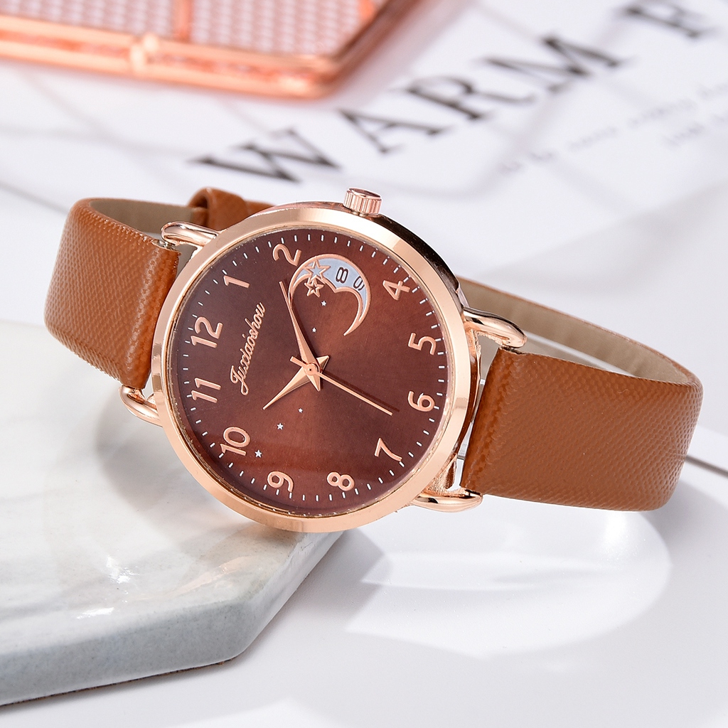 Women Watch Moon Dial Fashion Ladies Leather Band Quartz Wristwatch