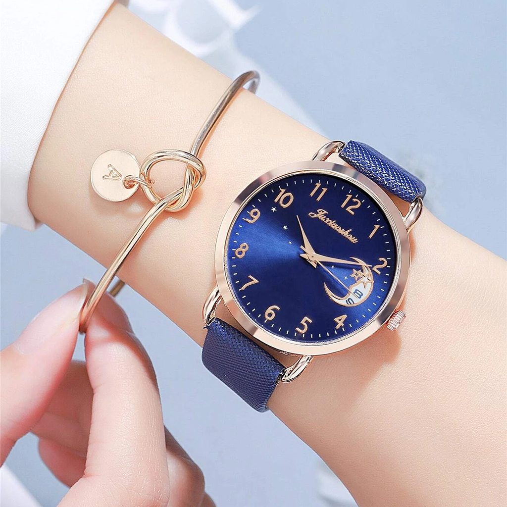 Women Watch Moon Dial Fashion Ladies Leather Band Quartz Wristwatch