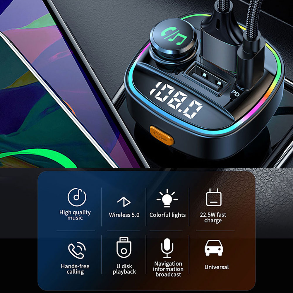 FM Transmitter Bluetooth-Compatible Car MP3 Player QC3.0 PD Fast Charging with LED Light Hands-Free Car Kit Radio 12-24V Adapter