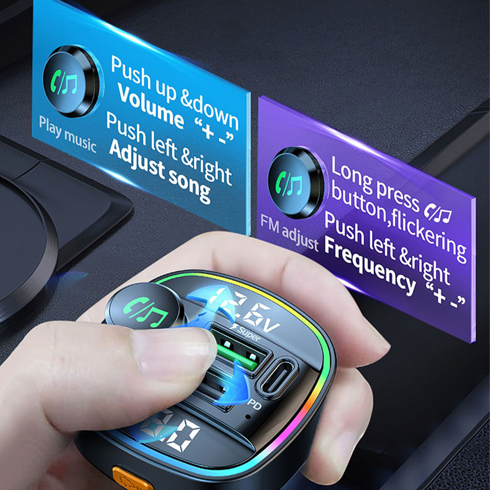 FM Transmitter Bluetooth-Compatible Car MP3 Player QC3.0 PD Fast Charging with LED Light Hands-Free Car Kit Radio 12-24V Adapter