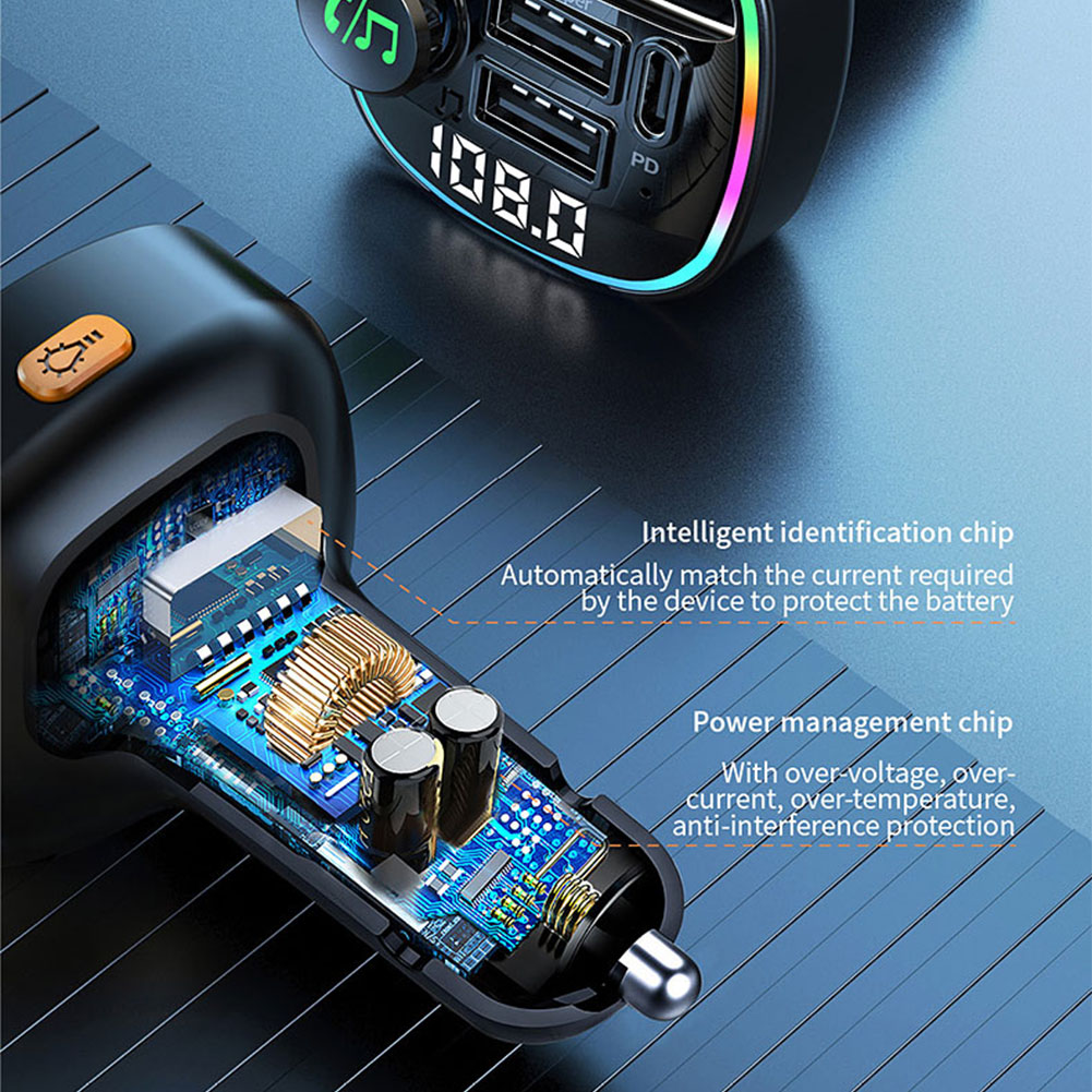 FM Transmitter Bluetooth-Compatible Car MP3 Player QC3.0 PD Fast Charging with LED Light Hands-Free Car Kit Radio 12-24V Adapter