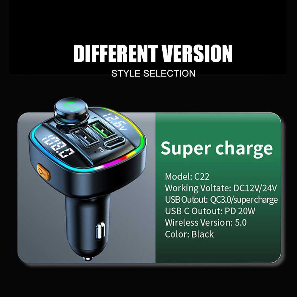 FM Transmitter Bluetooth-Compatible Car MP3 Player QC3.0 PD Fast Charging with LED Light Hands-Free Car Kit Radio 12-24V Adapter