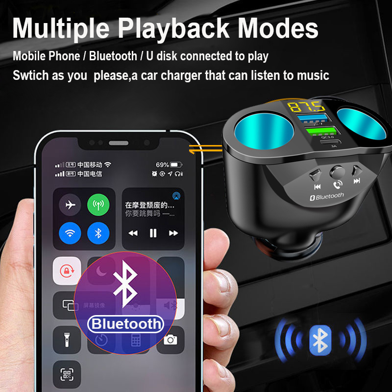 Car Bluetooth 5.0 FM Transmitter Hands-free Car Kit MP3 Modulator Player 4.8A/QC3.0 Dual Fast Charger 2 Cigarette Lighter Port