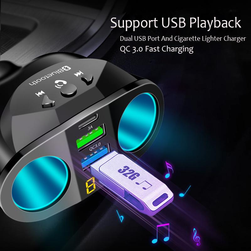 Car Bluetooth 5.0 FM Transmitter Hands-free Car Kit MP3 Modulator Player 4.8A/QC3.0 Dual Fast Charger 2 Cigarette Lighter Port