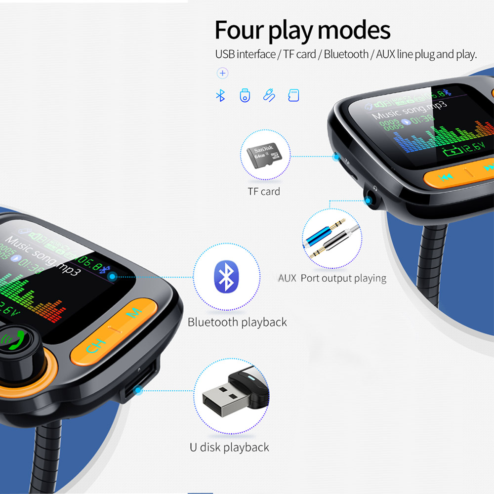 Bluetooth 5.0 Handsfree FM Transmitter Modulator Car Kit 1.77" Color Screen MP3 Player Adapter Dual USB Quick Charger