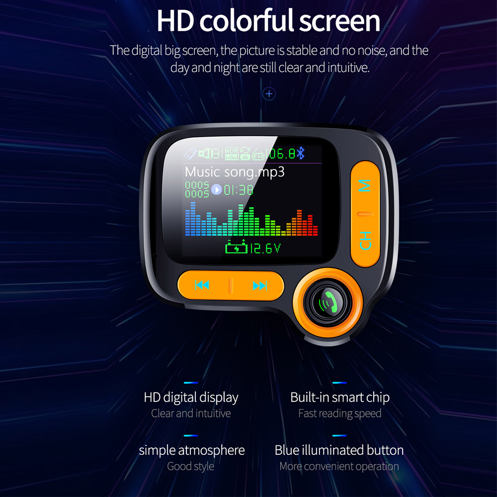 Bluetooth 5.0 Handsfree FM Transmitter Modulator Car Kit 1.77" Color Screen MP3 Player Adapter Dual USB Quick Charger