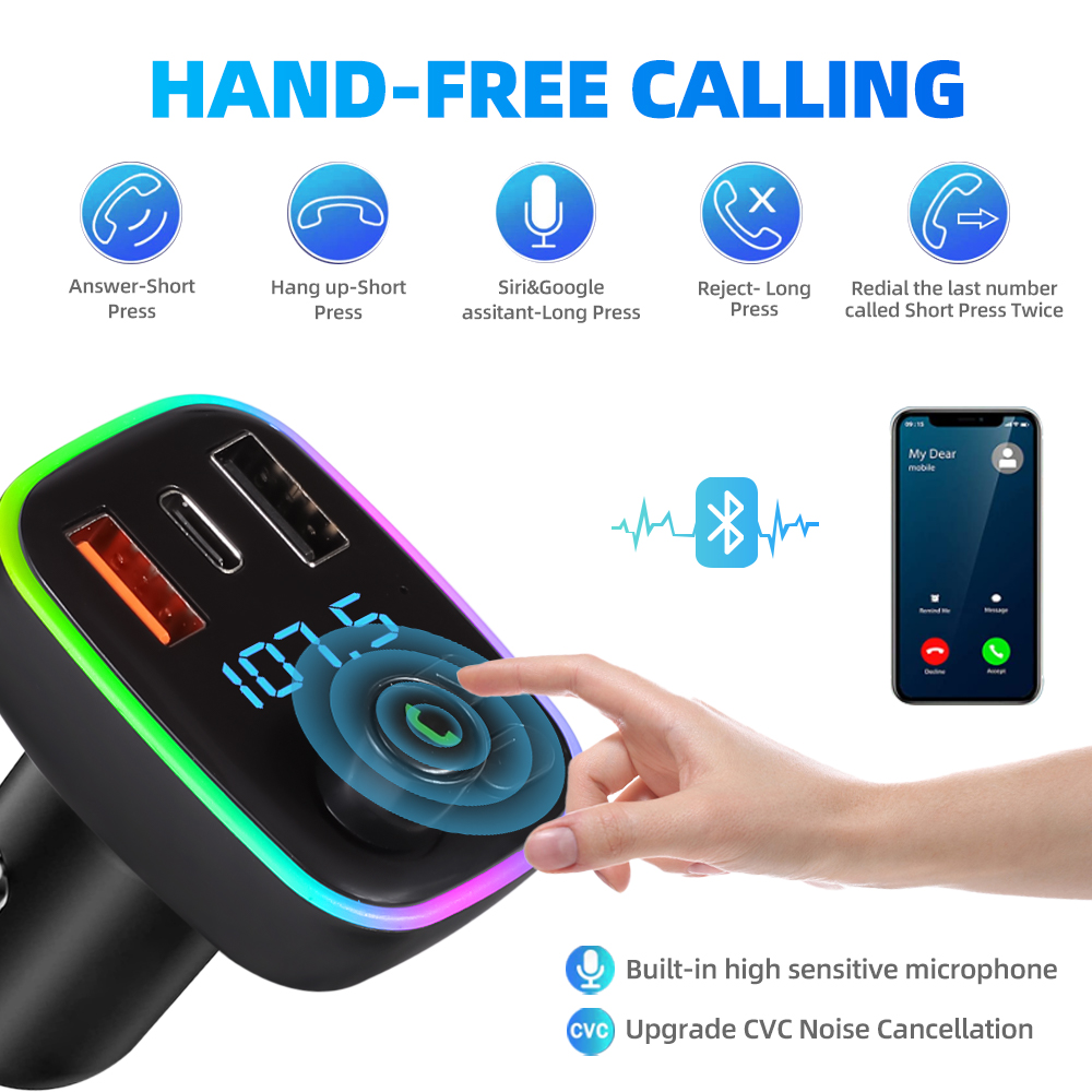 Car Bluetooth 5.0 FM Transmitter Car Kit PD 18W Type-C Dual USB 4.2A Fast Charger Ambient Light Handsfree MP3 Modulator Player