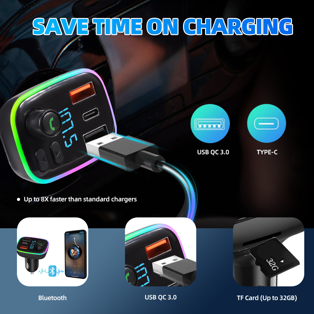 Car Bluetooth 5.0 FM Transmitter Car Kit PD 18W Type-C Dual USB 4.2A Fast Charger Ambient Light Handsfree MP3 Modulator Player