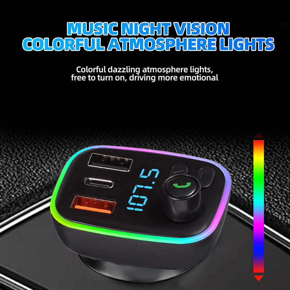 Car Bluetooth 5.0 FM Transmitter Car Kit PD 18W Type-C Dual USB 4.2A Fast Charger Ambient Light Handsfree MP3 Modulator Player