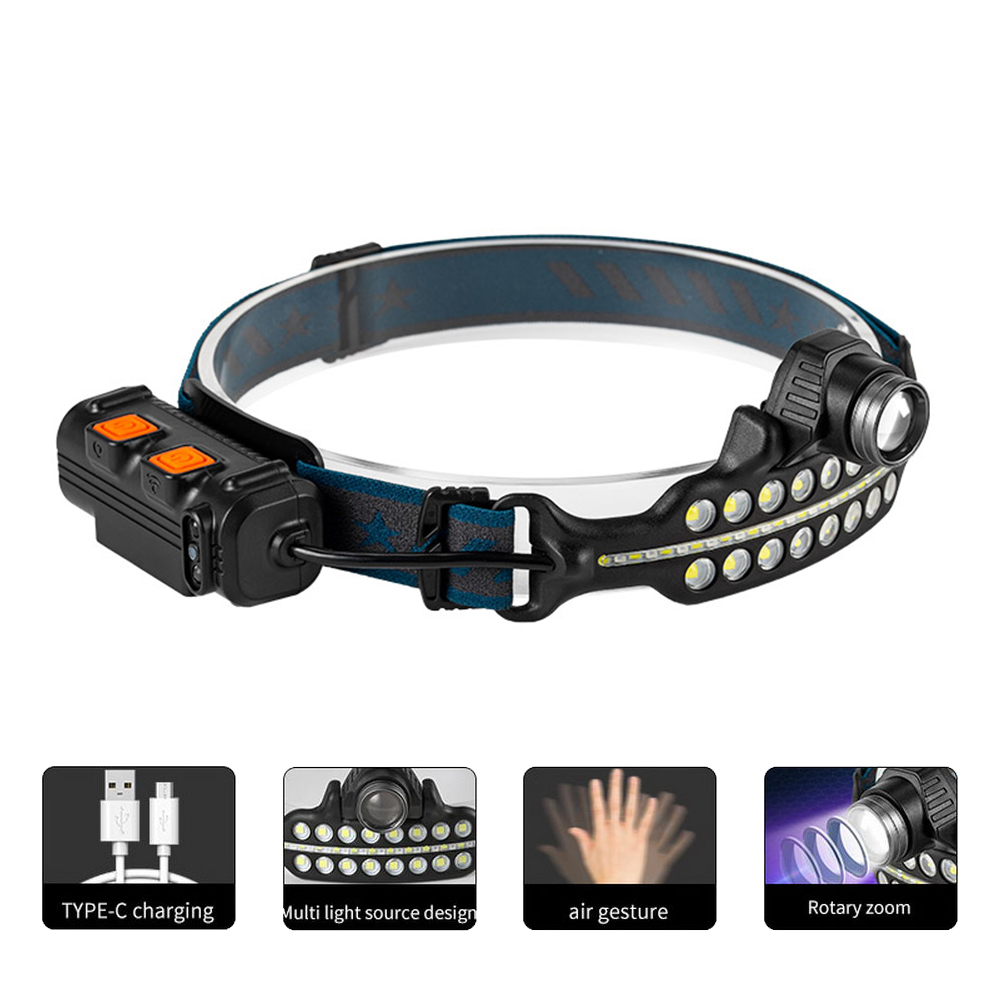 W690-1 Sensor Headlamp Multi-light Source Rechargeable Type-C Charger 7 Mode Red White Light Adventure Camping Headlight