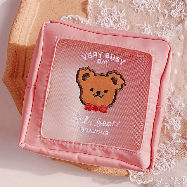 Embroidery Bear Transparent Mesh Makeup Bags For Women Ins Kawaii Cosmetic Toiletries Storage Bag Portable Travel Organzier