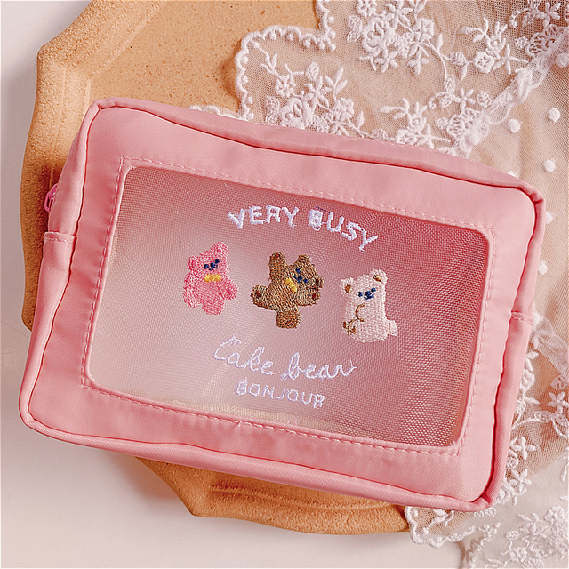 Embroidery Bear Transparent Mesh Makeup Bags For Women Ins Kawaii Cosmetic Toiletries Storage Bag Portable Travel Organzier