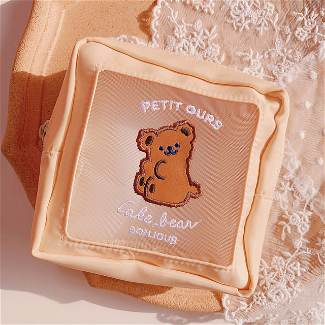 Embroidery Bear Transparent Mesh Makeup Bags For Women Ins Kawaii Cosmetic Toiletries Storage Bag Portable Travel Organzier
