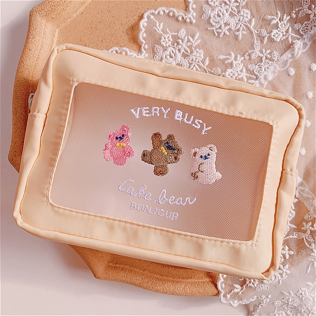Embroidery Bear Transparent Mesh Makeup Bags For Women Ins Kawaii Cosmetic Toiletries Storage Bag Portable Travel Organzier