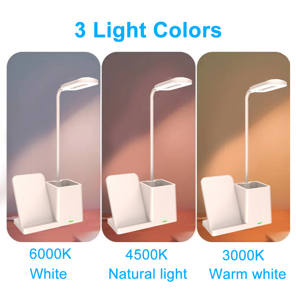 Desk Lamp Phone Wireless Charging With Pen Holder Led Table Lamp Stepless Dimming Study Office Light Bedside Table Light
