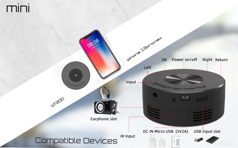 YT200 Black LED Mobile Video Projector Support 1080P Home Theater Media Player Kids Home Wired Same Screen Projector