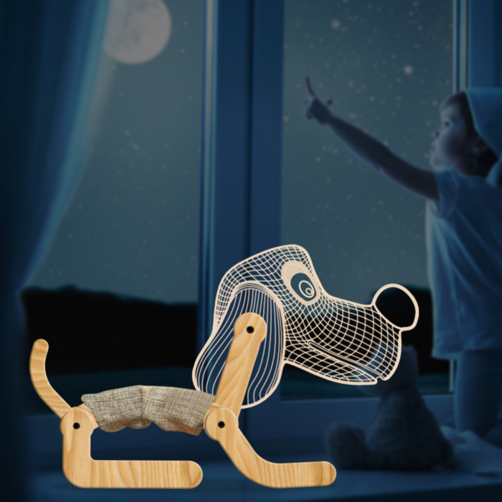 3D LED Desk Night Lamp Foldable Cute Dog 3D Illusion Night Light Wooden Base LED Desk Decoration Lamp Kids Baby Gift