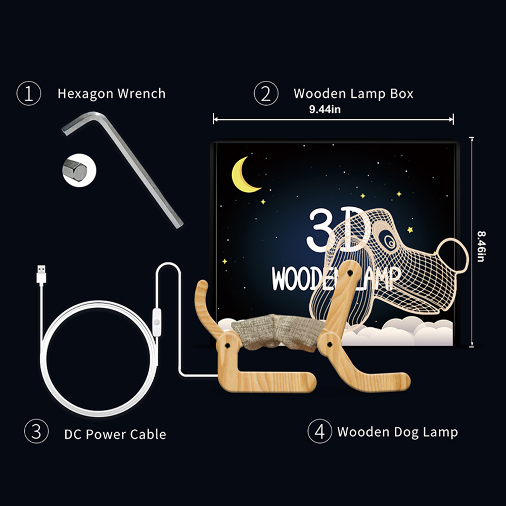 3D LED Desk Night Lamp Foldable Cute Dog 3D Illusion Night Light Wooden Base LED Desk Decoration Lamp Kids Baby Gift
