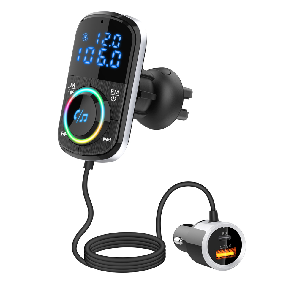 Car FM Transmitter Car Charger Bluetooth 5.0 QC 3.0 Fast Charge PD Car Charger MP3 Music Player Ambient Light TF Card