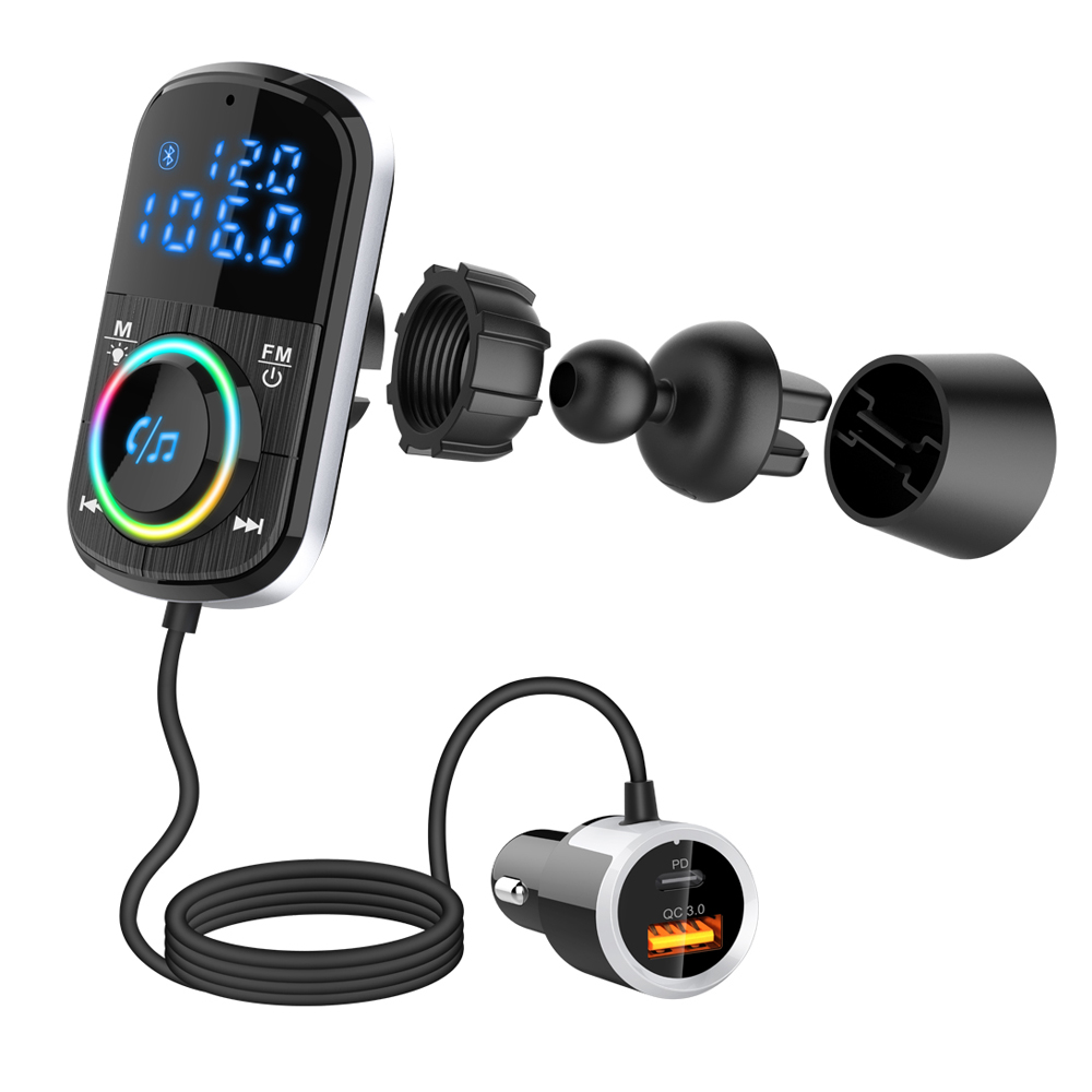 Car FM Transmitter Car Charger Bluetooth 5.0 QC 3.0 Fast Charge PD Car Charger MP3 Music Player Ambient Light TF Card