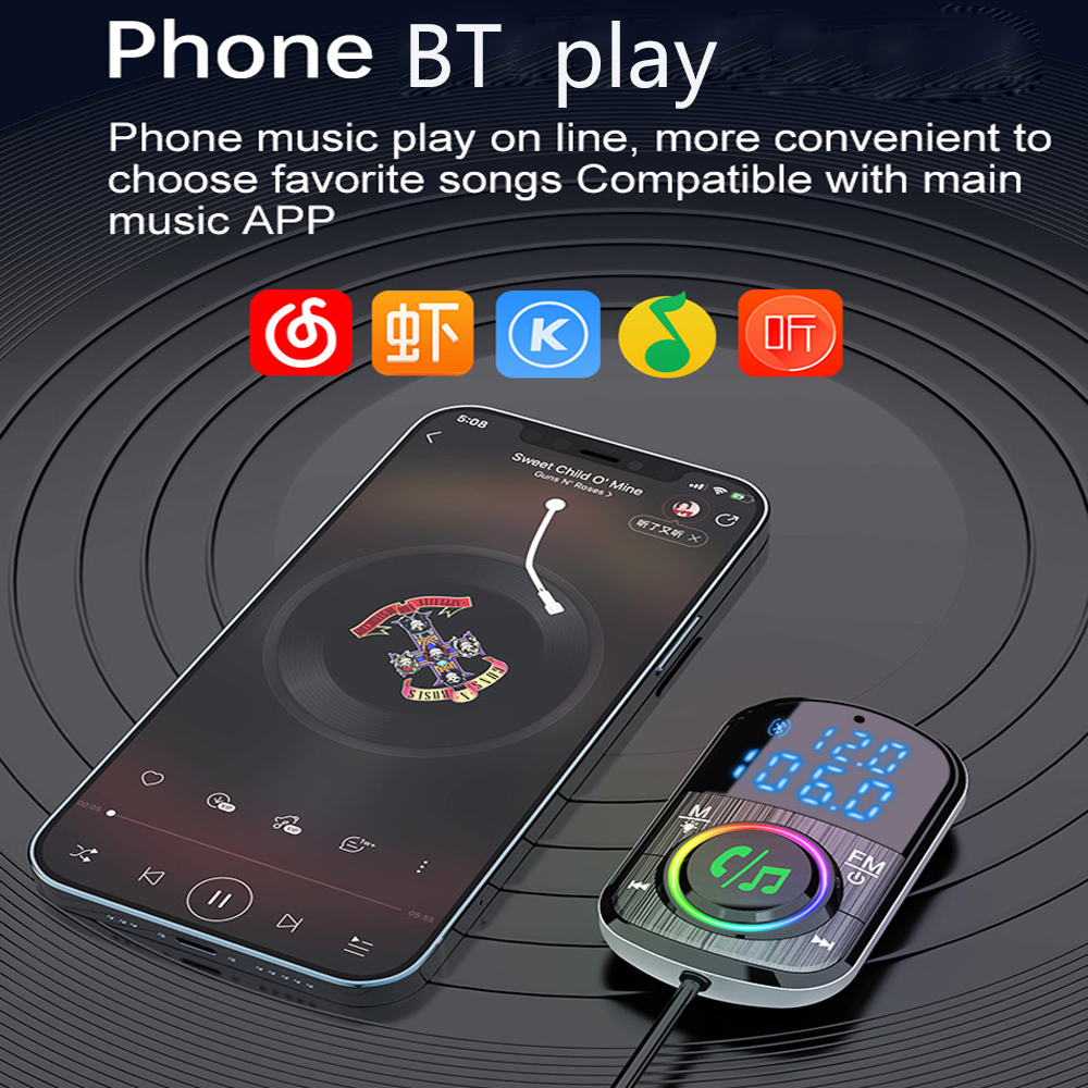 Car FM Transmitter Car Charger Bluetooth 5.0 QC 3.0 Fast Charge PD Car Charger MP3 Music Player Ambient Light TF Card