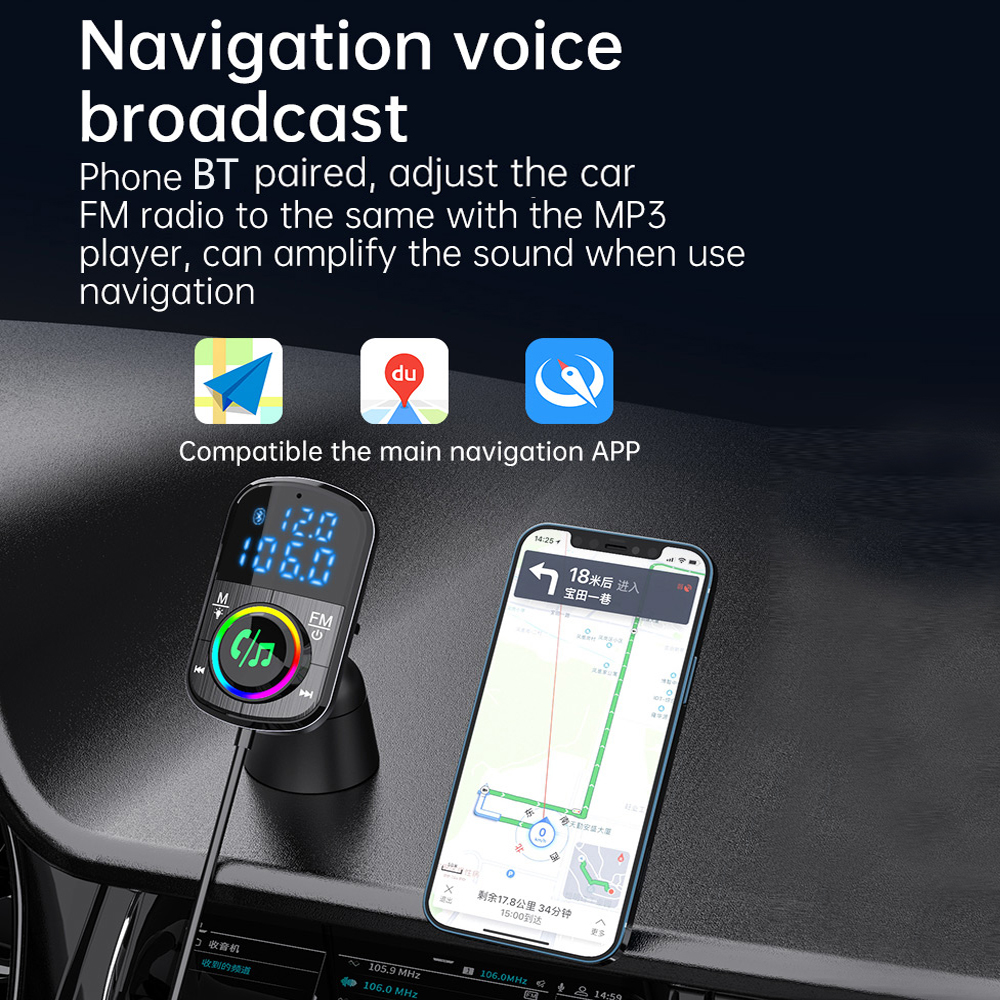 Car FM Transmitter Car Charger Bluetooth 5.0 QC 3.0 Fast Charge PD Car Charger MP3 Music Player Ambient Light TF Card