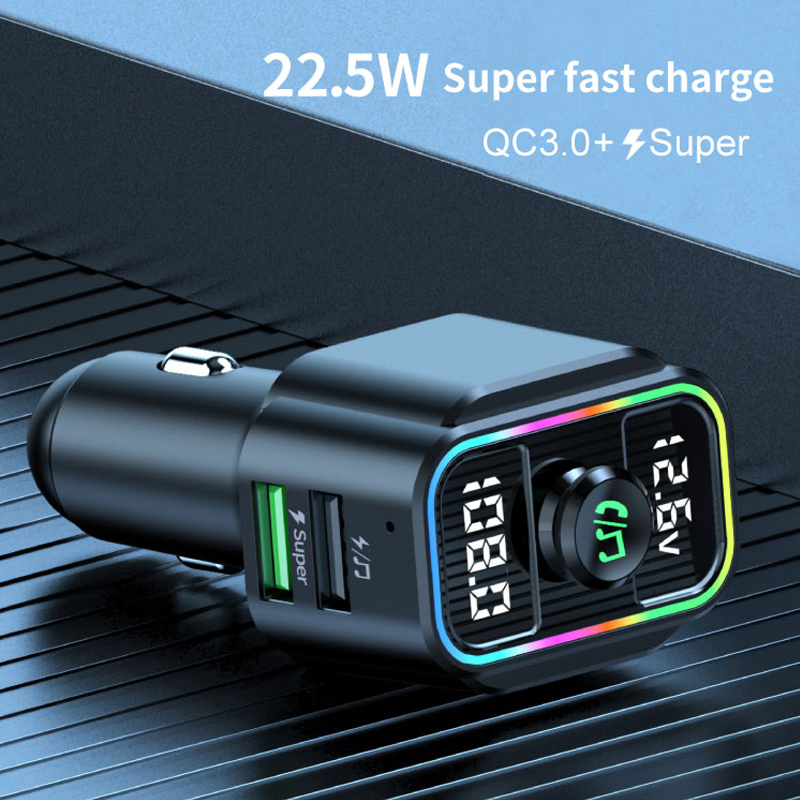 Dual Screens FM Transmitter Bluetooth 5.0 Handsfree Mp3 Player 22.5W Super Fast QC3.0 Car Charge Audio USB Charger U Disk Player