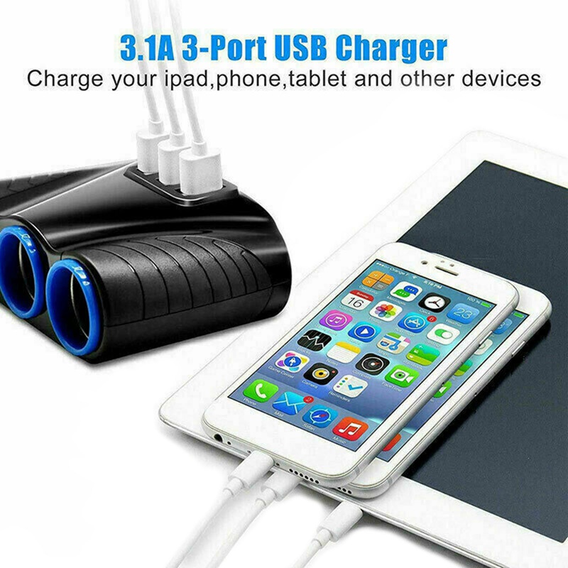 3 Way 12V 24V Multi Socket Car Cigarette Lighter Splitter USB Charger Adapter