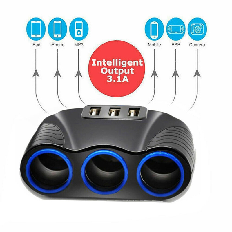 3 Way 12V 24V Multi Socket Car Cigarette Lighter Splitter USB Charger Adapter