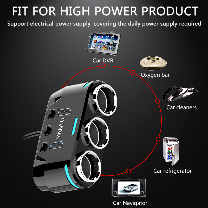 12V-24V Car Cigarette Lighter Socket Splitter Power 3 Adapter 3.1A Dual USB Car Charger 100W Power Output with Voltmeter