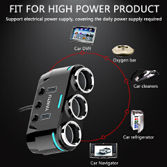 12V-24V Car Cigarette Lighter Socket Splitter Power 3 Adapter 3.1A Dual USB Car Charger 100W Power Output with Voltmeter