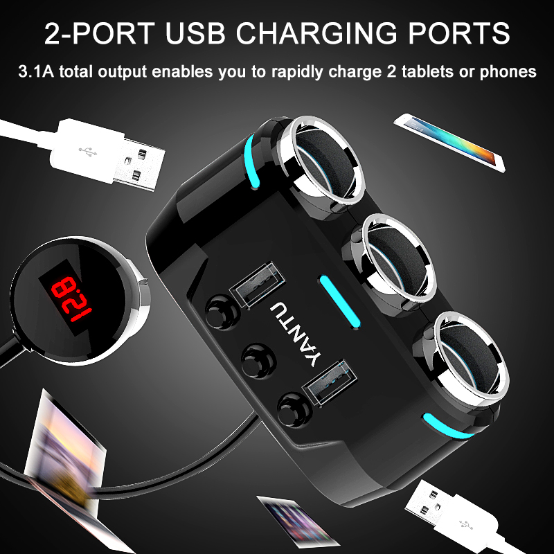 12V-24V Car Cigarette Lighter Socket Splitter Power 3 Adapter 3.1A Dual USB Car Charger 100W Power Output with Voltmeter