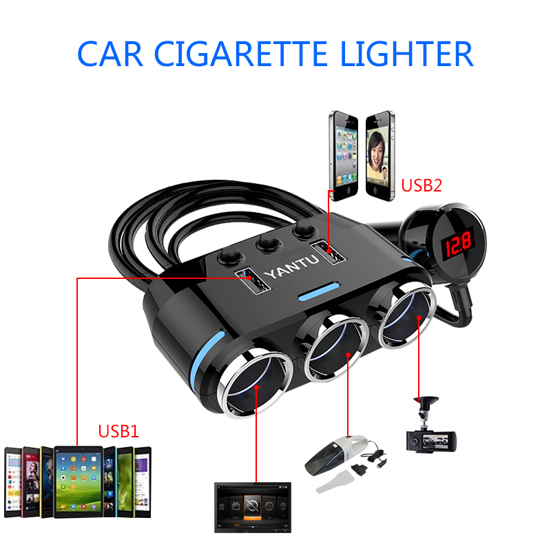 12V-24V Car Cigarette Lighter Socket Splitter Power 3 Adapter 3.1A Dual USB Car Charger 100W Power Output with Voltmeter