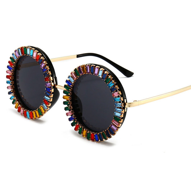 Woman Glasses Coloured Diamond Round Sunglasses Womens Fashion Classical Party Shows Eyewear Travel Driving Hiking Sun Goggles