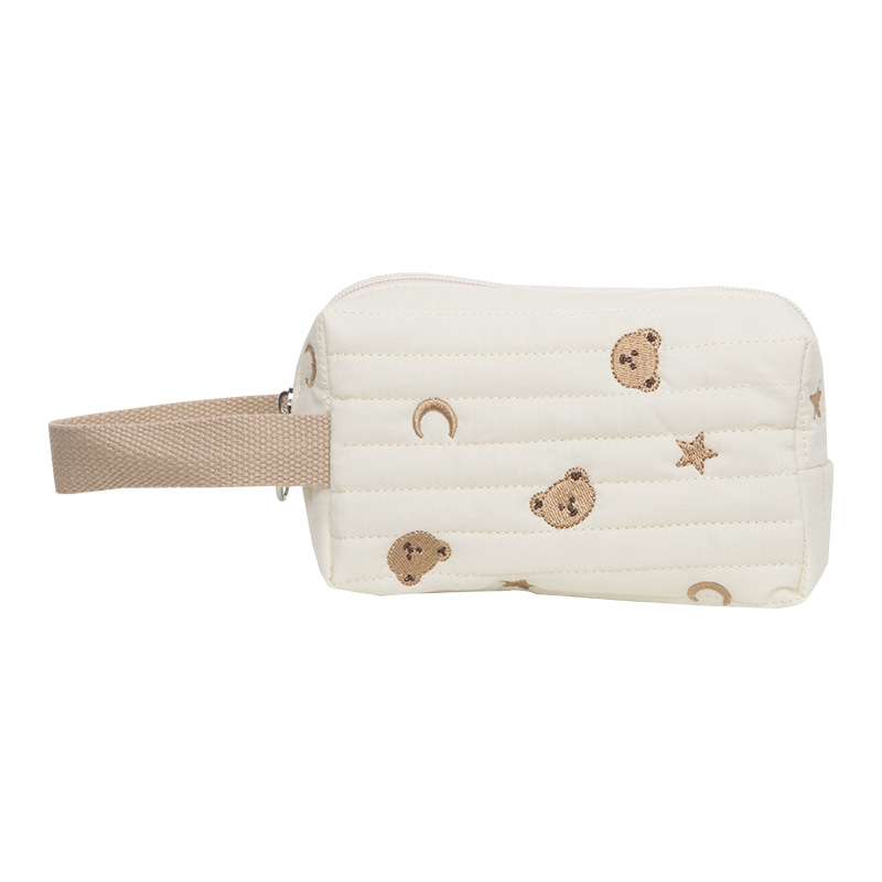 Embroidery Bear Makeup Bag Quilt Cotton Canvas Women Zipper Cosmetic Organizer Cute Wrist Make Up Pouch Portable Toiletry Case