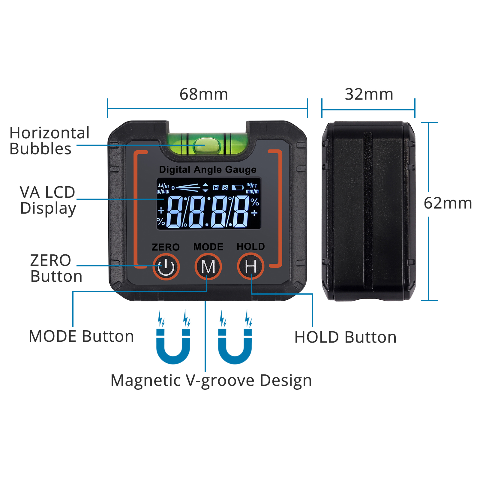 Digital Angle Gauge Level Box Protractor Angle Finder Inclinometer with Magnetic Base VA LCD Screen Level Bubble Vial Protractor