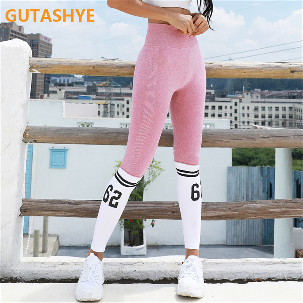 Ladies Yoga Pants Striped Letters Seamless Legs Tie Peach Hip Yoga Pants Sports High Waist Full Length Fitness Leggings Fitness