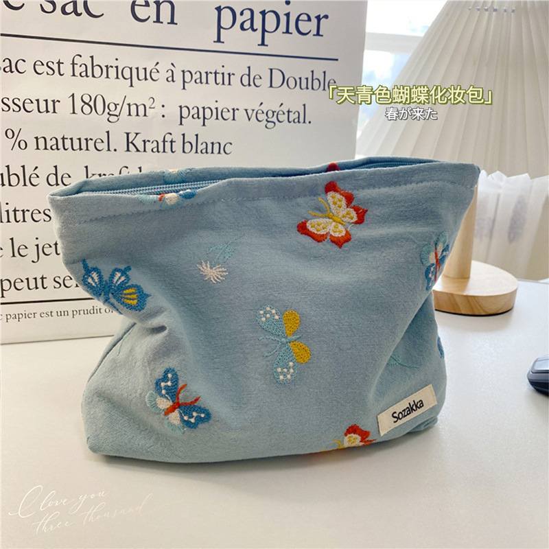 1PC Fashion Azure Butterfly Embroidered Cosmetic Bag Washing Bag Large Capacity Women Travel Cosmetic Pouch Make Up Storage Bags