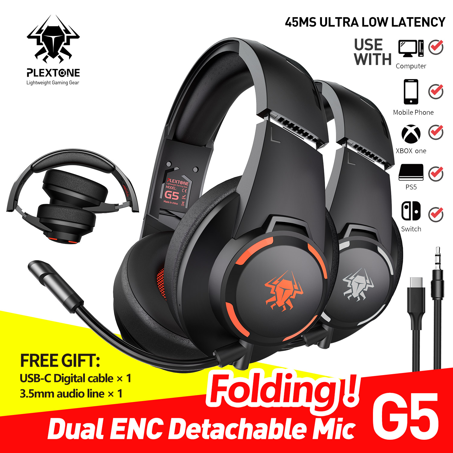 Wireless Bluetooth Gaming Headsets Sports Game 45ms Low Latency Headphones Noise Cancelling Detachable Mic Earphones