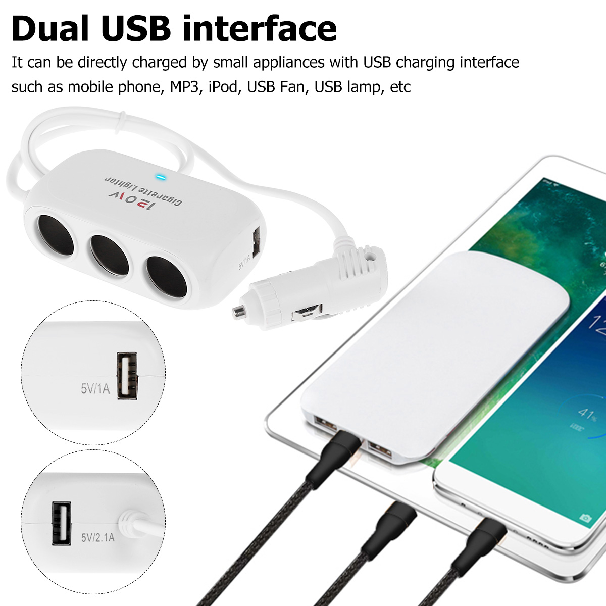 New 3 Socket Cigarette Lighter Splitter 120W 12V 24V Car Cigarette Lighter Dual USB LED Car Fast Charger Car Charger Adapter