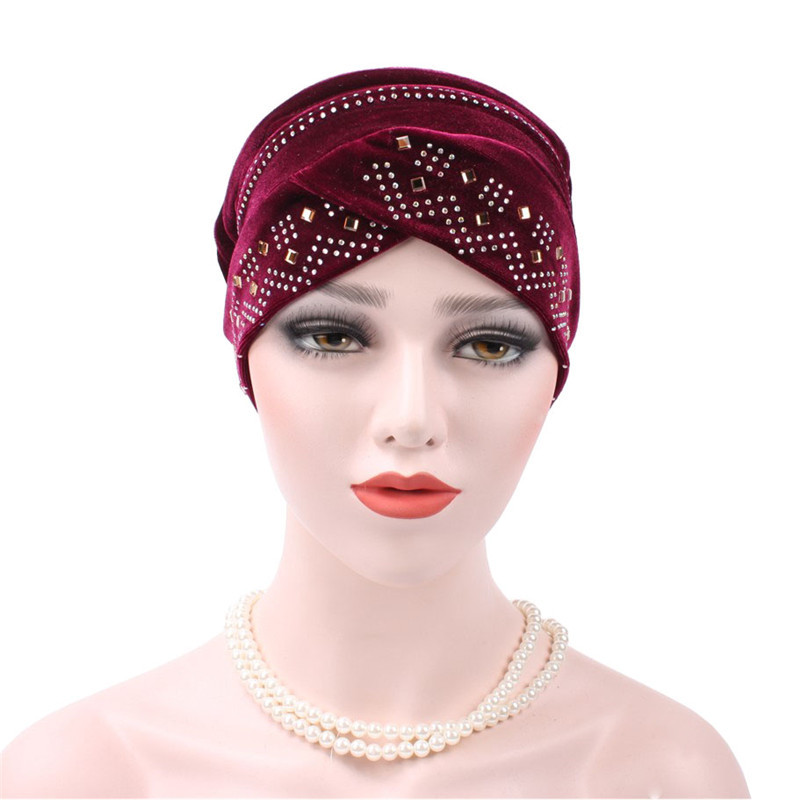 Muslim European and American gold velvet hot drill Baotou hat Muslim headscarf folding pile hat