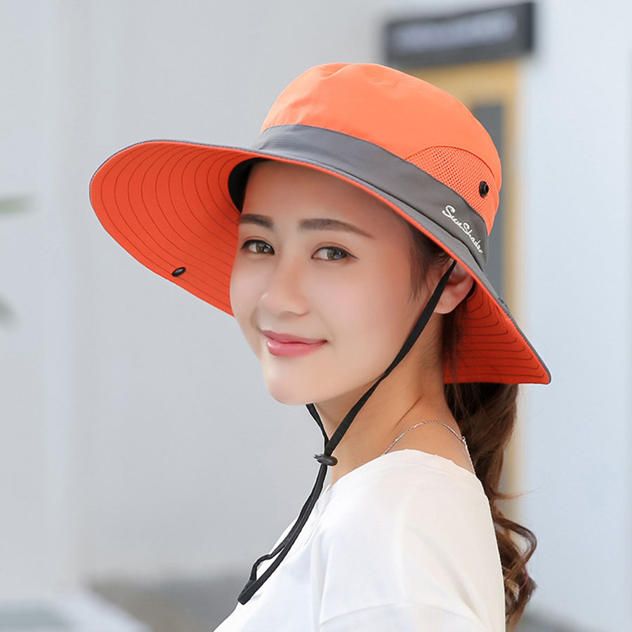 1PC Women's Ponytail Sun Hat UV Protection Adjustable Foldable Mesh Wide Brim Colorblock Fishing Hat