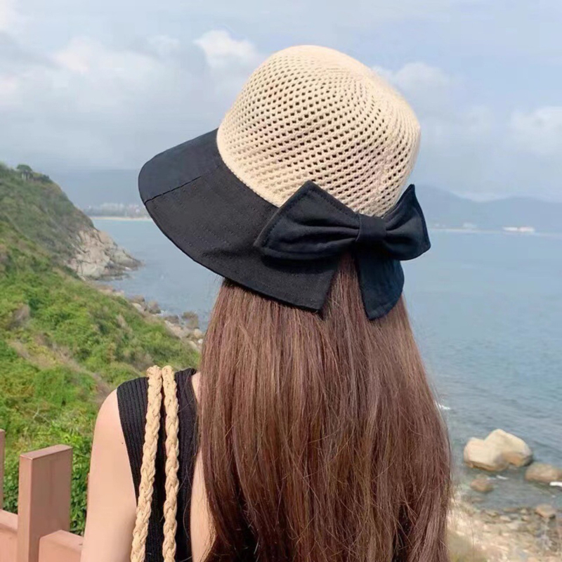 Women's Sun Hat Bucket Hats Spring Summer And Autumn Breathable Hollow Stitching Foldable Hat Outdoor Beach Bow Hats