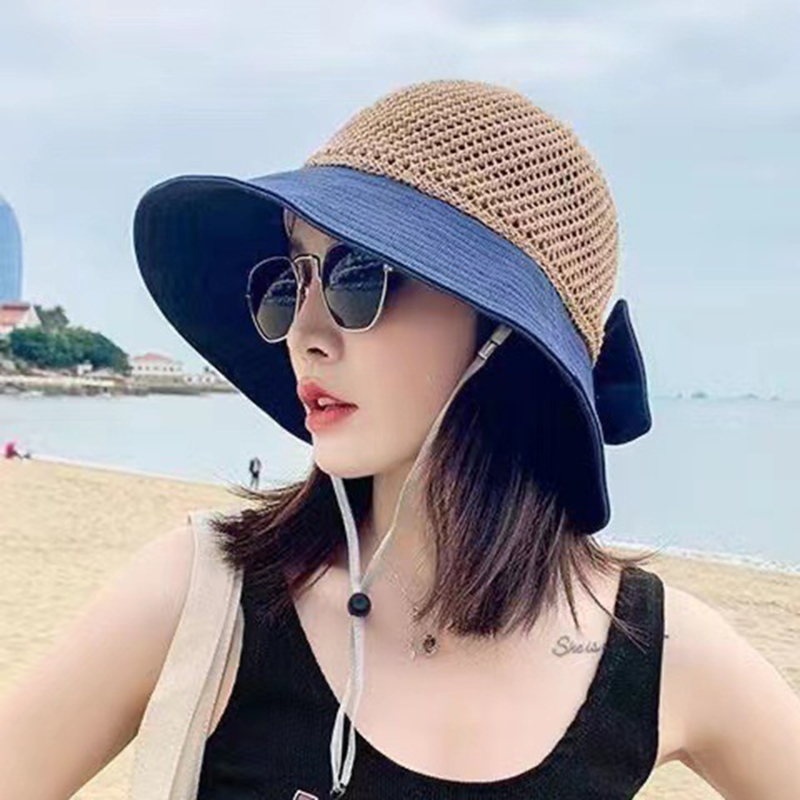 Women's Sun Hat Bucket Hats Spring Summer And Autumn Breathable Hollow Stitching Foldable Hat Outdoor Beach Bow Hats