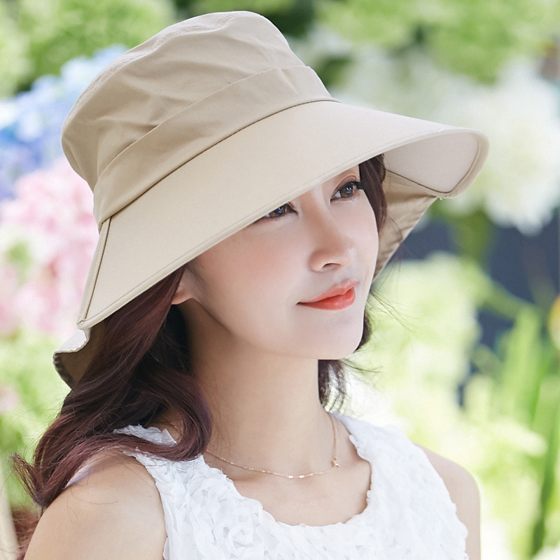 Womens Summer Beach Sun Hats Foldable Big Wide Brim Bucket Caps Sunscreen Anti-UV Fashion Bow Seaside Travel Hats