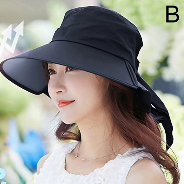 Womens Summer Beach Sun Hats Foldable Big Wide Brim Bucket Caps Sunscreen Anti-UV Fashion Bow Seaside Travel Hats
