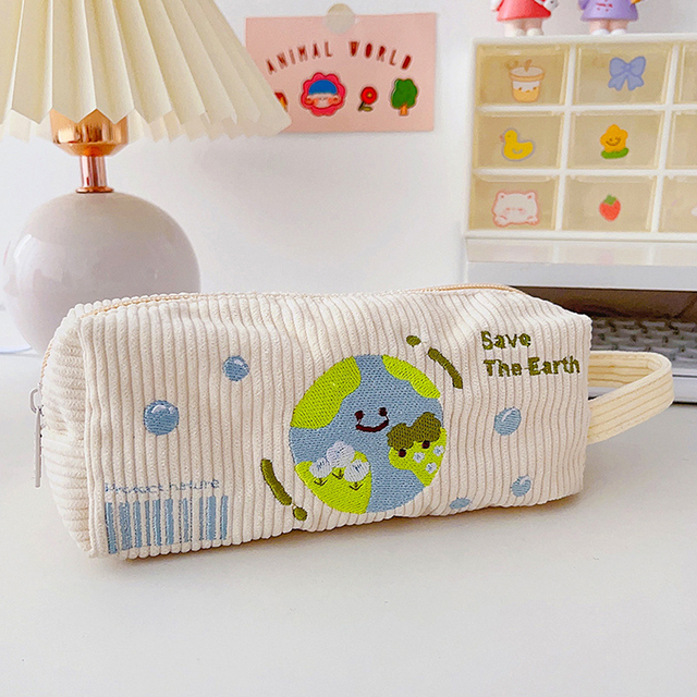 Corduroy Embroidered Pencil Case Kawwai Korean Stationery Pen Case Pouches Storage Bag Pencil Bag Kid Stationery Bag Portable