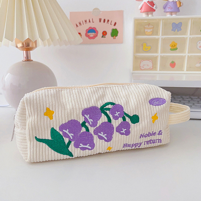 Corduroy Embroidered Pencil Case Kawwai Korean Stationery Pen Case Pouches Storage Bag Pencil Bag Kid Stationery Bag Portable