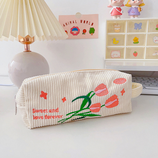 Corduroy Embroidered Pencil Case Kawwai Korean Stationery Pen Case Pouches Storage Bag Pencil Bag Kid Stationery Bag Portable